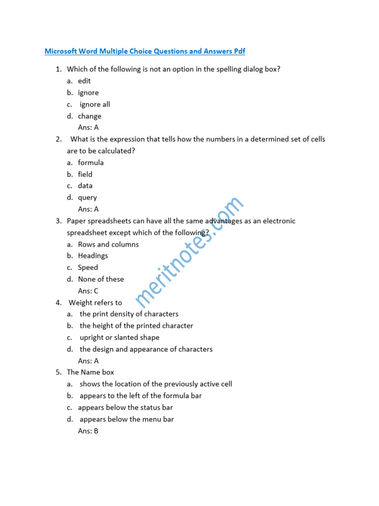 Microsoft Word MCQs with Answers PDF | PDF