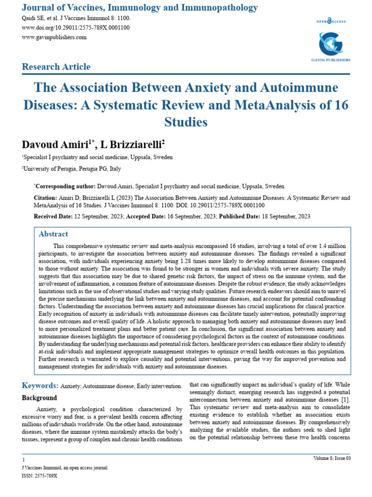 The Association Between Anxiety and Autoimmune Diseases A Systematic ...