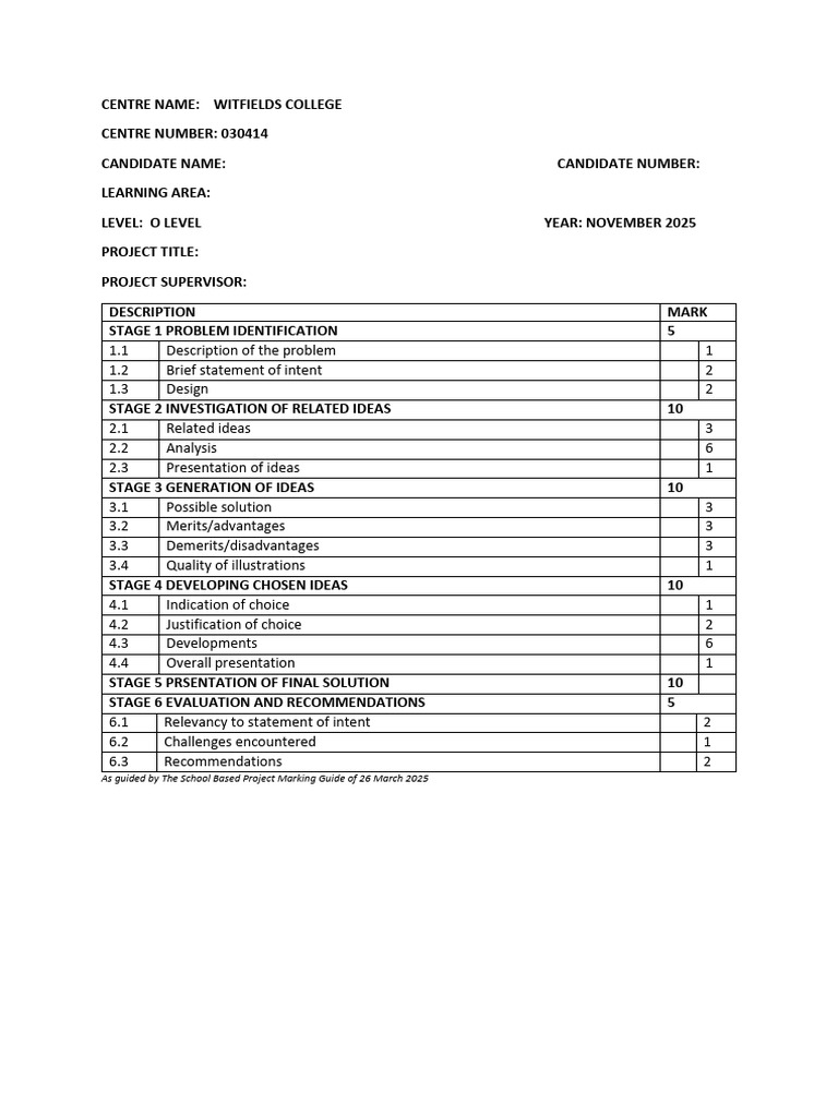 O Level HBC Project Mark Schedule | PDF