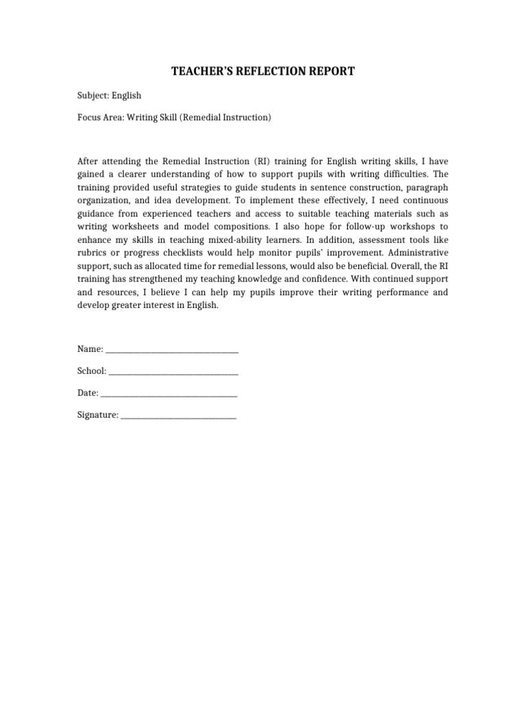 Teacher Reflection Report English Writing | PDF