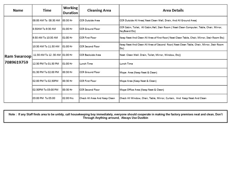 Daily Cleaning Schedule for CCR Areas | PDF