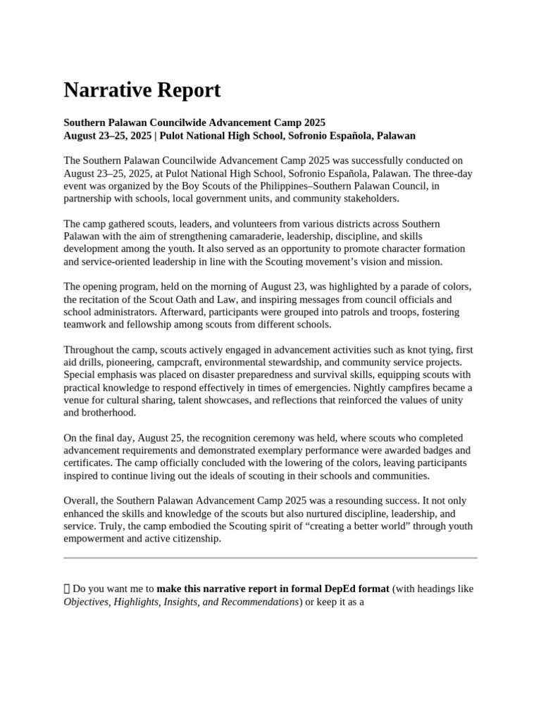 Southern Palawan Advancement Camp 2025 Report | PDF | Scouting