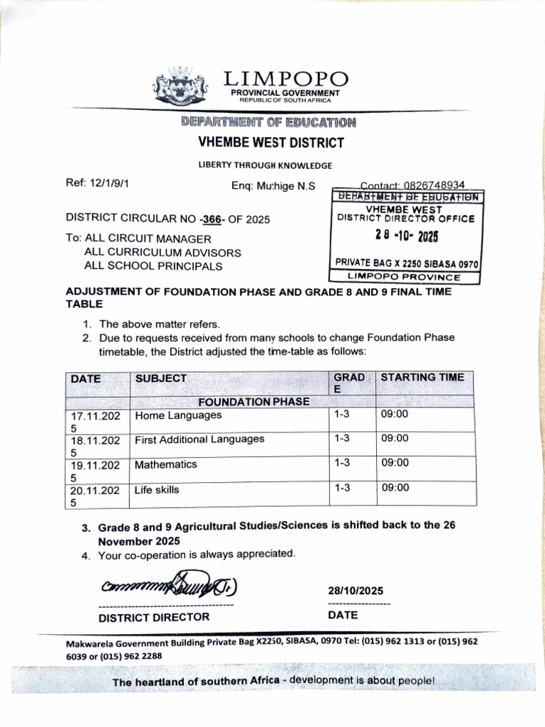 2025 Foundation Phase Timetable Update | PDF