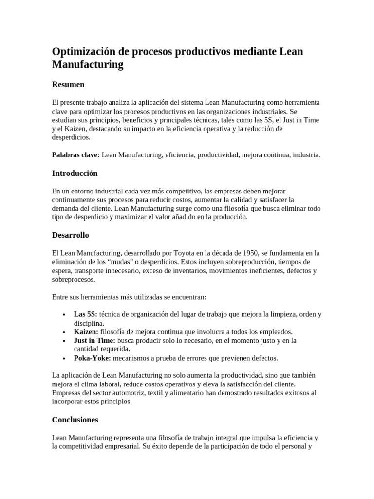 Optimización de Procesos Productivos Mediante Lean Manufacturing | PDF