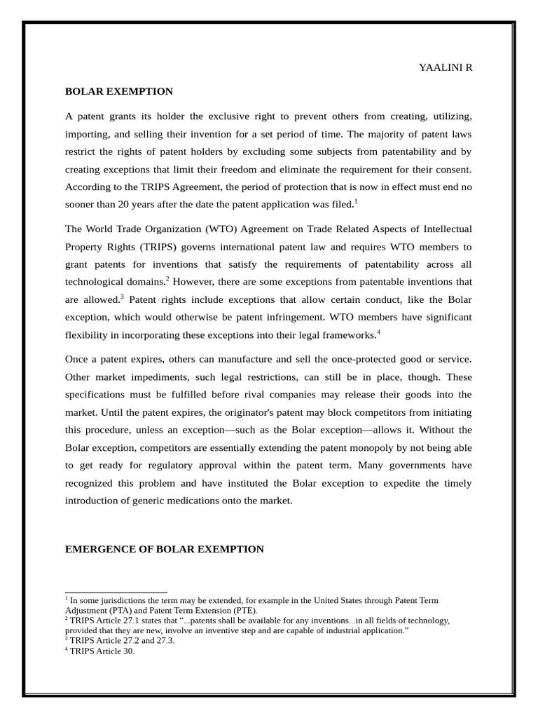 Bolar Exception | PDF | Patent | Generic Drug