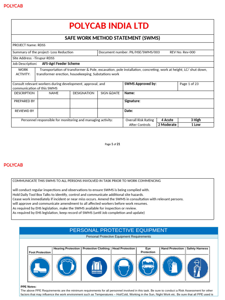 Polycab India Ltd SWMS for RDSS Project | PDF | Personal Protective ...