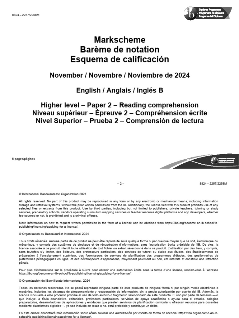 English B Paper 2 Reading Comprehension TZ2 HL Markscheme | PDF