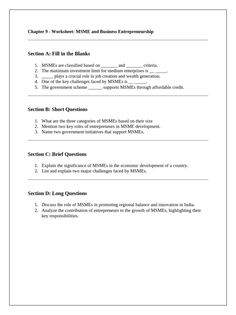Chapter 9 - MSME and Business Enterpreneurship - Worksheet | PDF