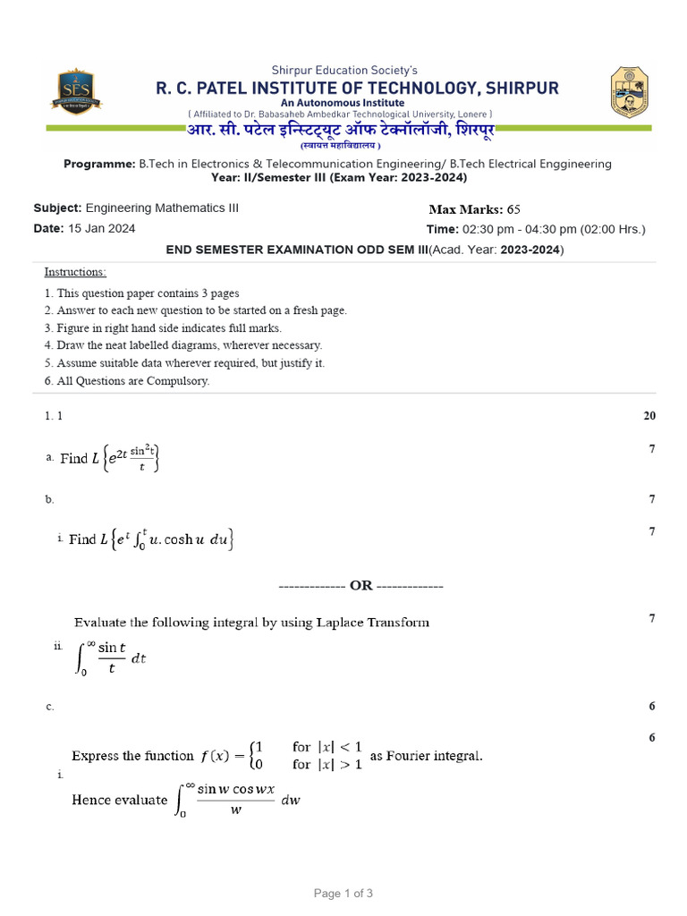 QP Sy Etc & Elect Sem III Engineering Mathematics III 15.01.2024 | PDF ...