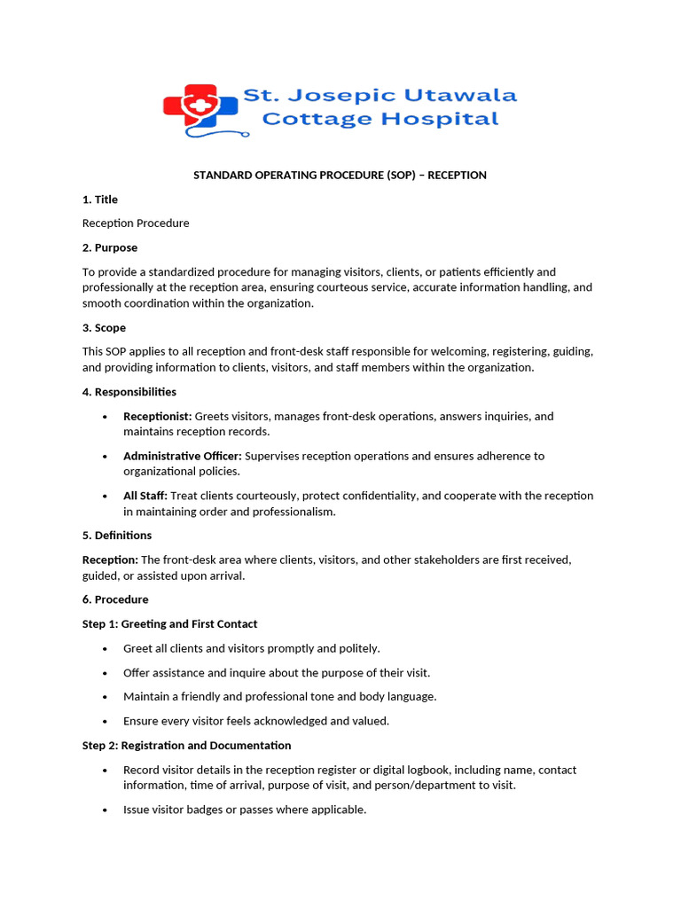 Reception Standard Operating Procedure | PDF