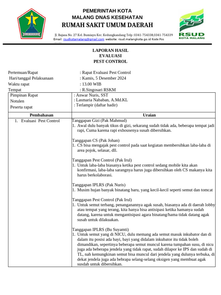 Evaluasi Pest Control RSUD Malang 2024 | PDF
