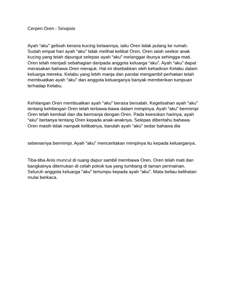 Sinopsis Cerpen Oren dan Temanya | PDF