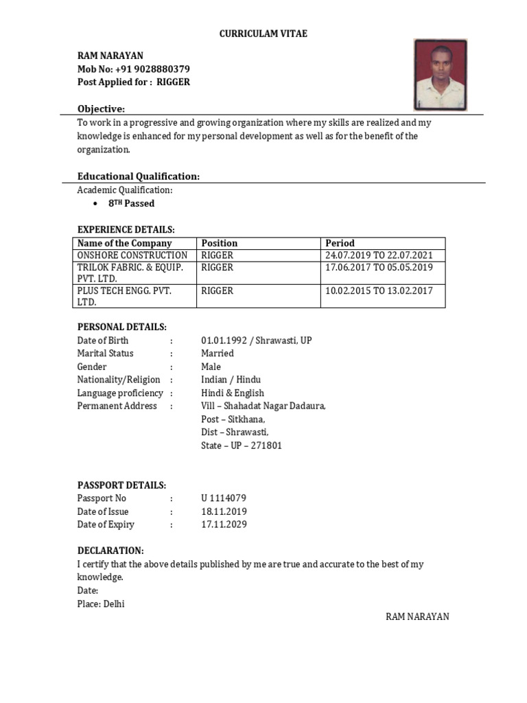 Rigger CV of Ram Narayan | PDF