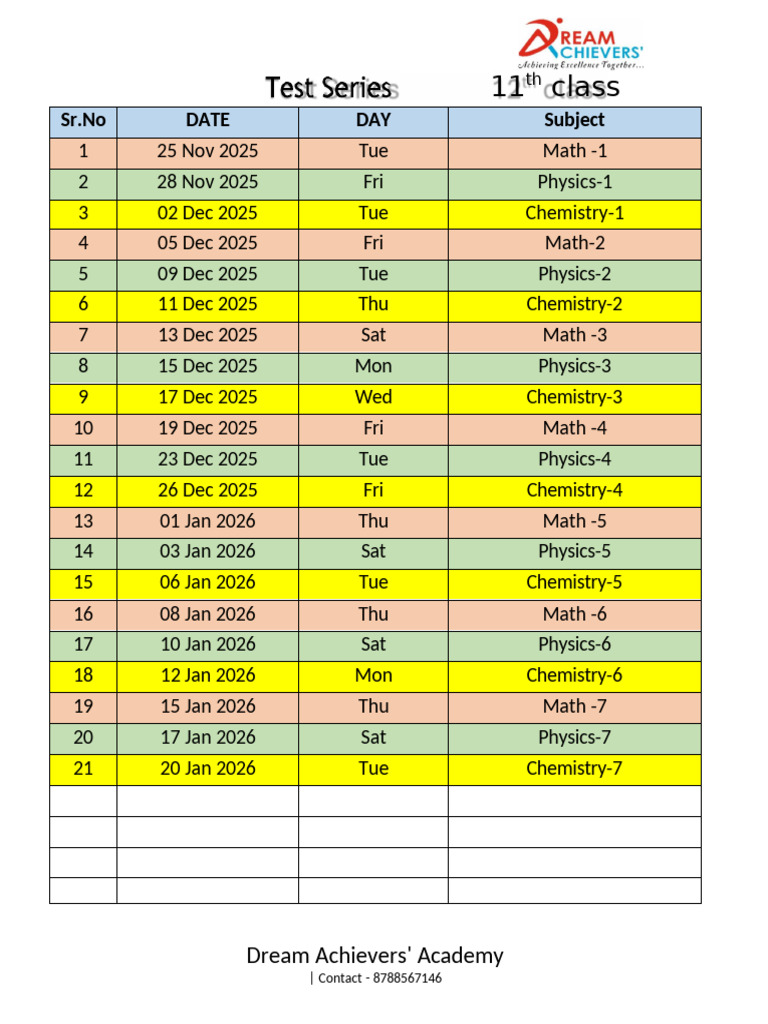 11th Class Subject Schedule 2025-2026 | PDF