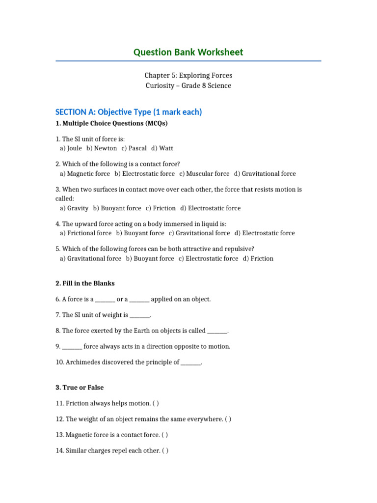Question Bank Exploring Forces | PDF | Force | Buoyancy