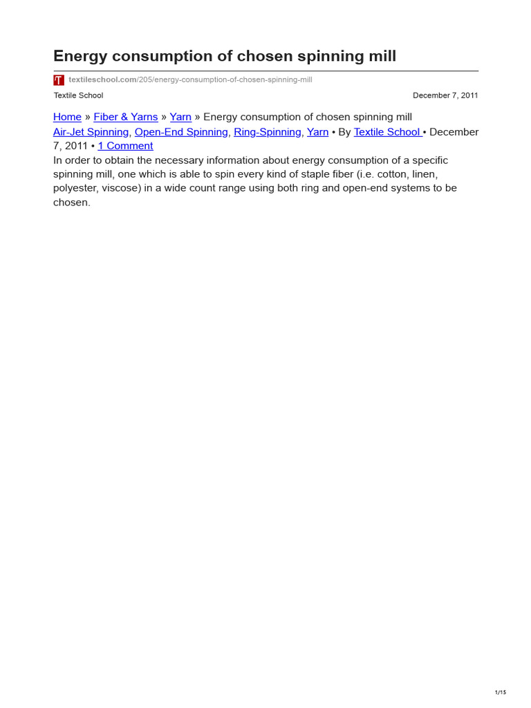 Energy Use in Spinning Mills | PDF | Textiles | Spinning (Textiles)