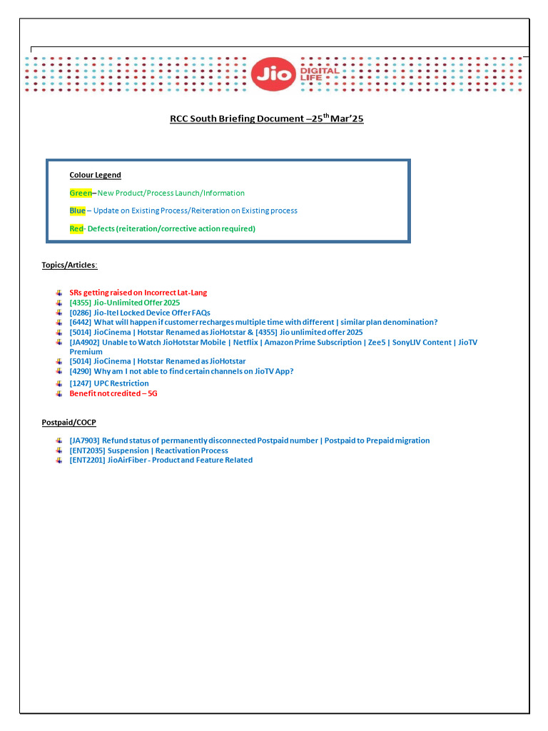 Jio Unlimited Offer & Updates Briefing | PDF | Service Industries