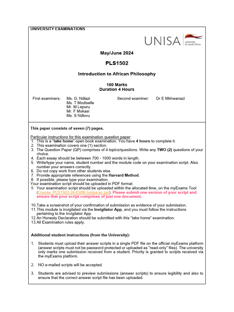 PLS1502 African Philosophy Exam Guidelines | PDF | Turnitin | Plagiarism