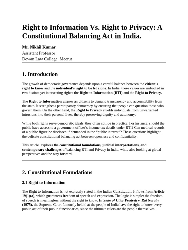 Balancing RTI and Privacy in India | PDF | Privacy | Right To Privacy
