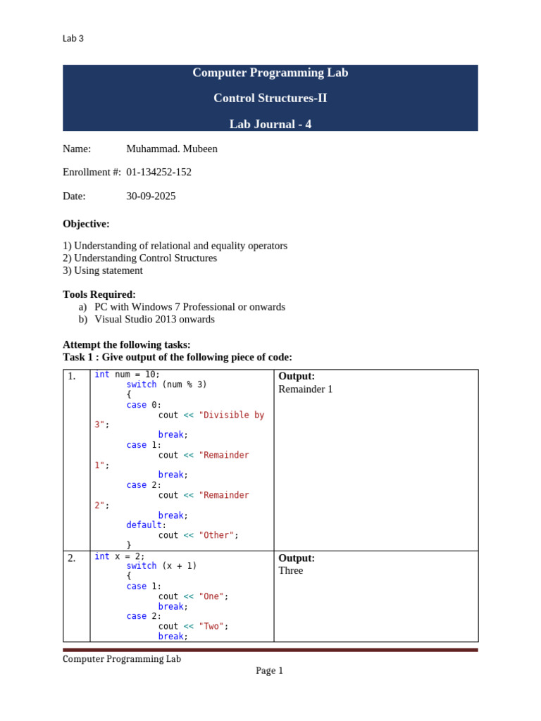 C++ Control Structures Lab Journal | PDF | Namespace | Computer Engineering