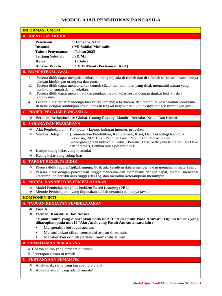 Modul Ajar Pancasila SD Kelas 1 | PDF