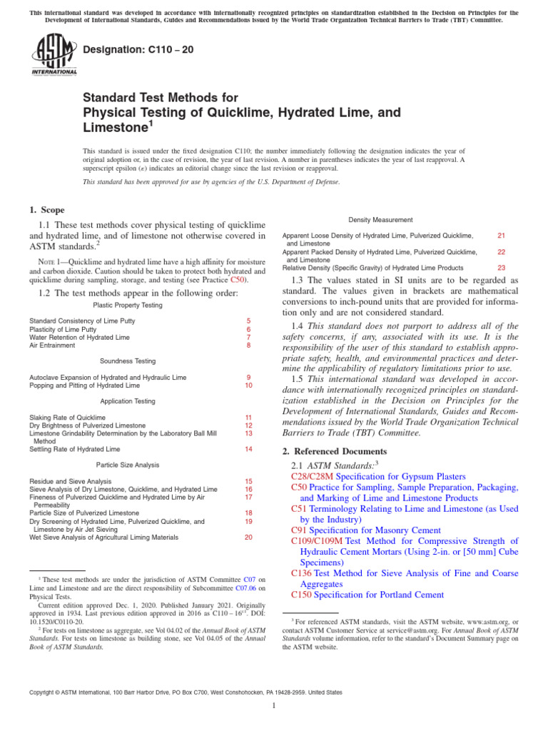 Physical Testing of Quicklime, C110.20686 | PDF | Lime (Material) | Cement