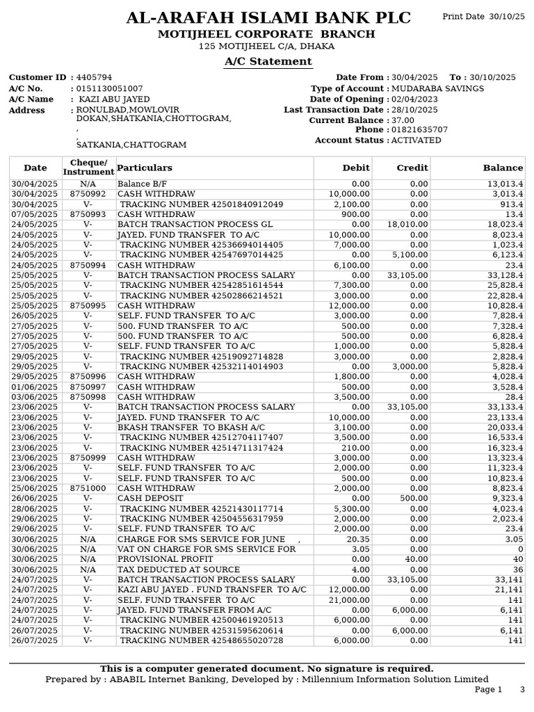 Al-Arafah Bank Mudaraba Savings Statement | PDF | Banks | Cash