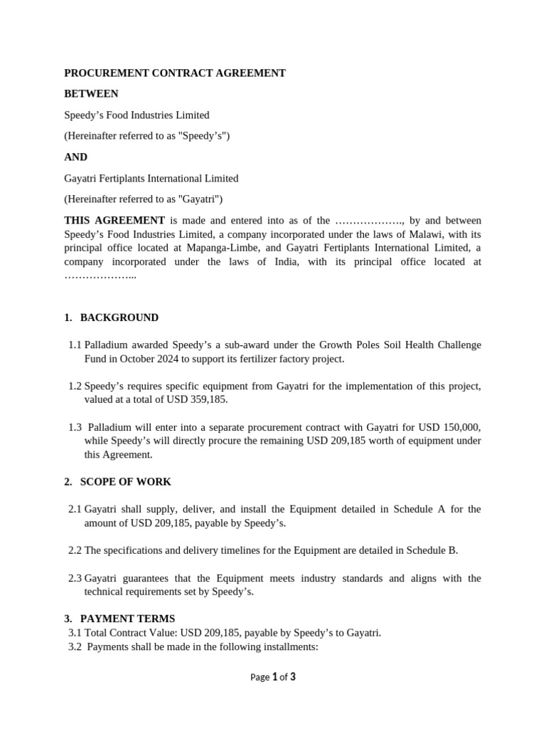 Procurement Contract: Speedy’s & Gayatri | PDF | Business Law | Private Law
