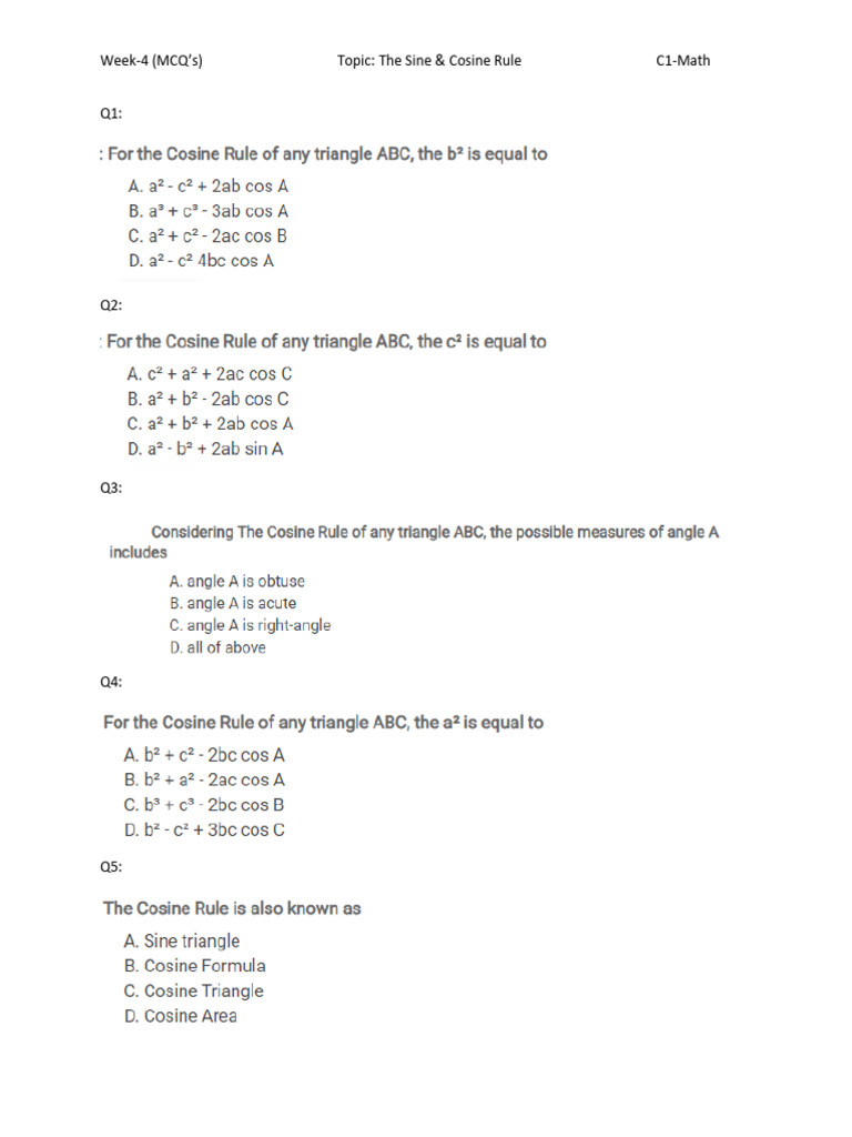 Week 4 C1 IGCSE Math 0580 The Sine Cosine Rule Worksheet 2 | PDF