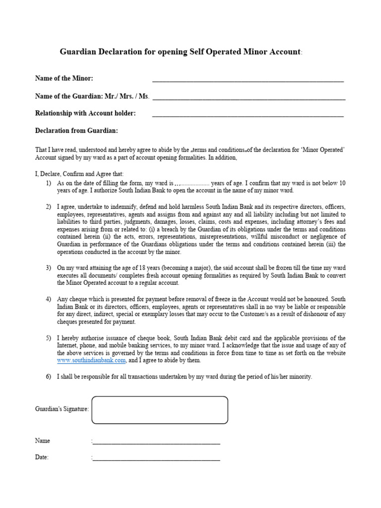 Guardian Declaration for Minor Account | PDF | Cheque | Banks