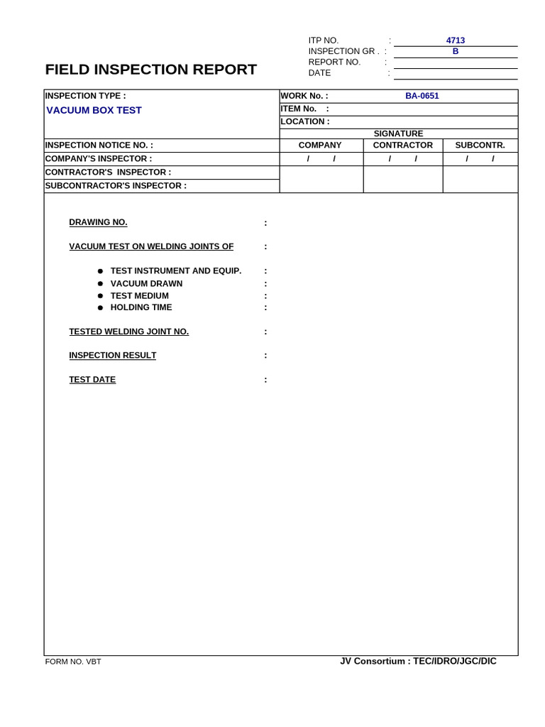 Vacuum Test Inspection Report 4713 | PDF
