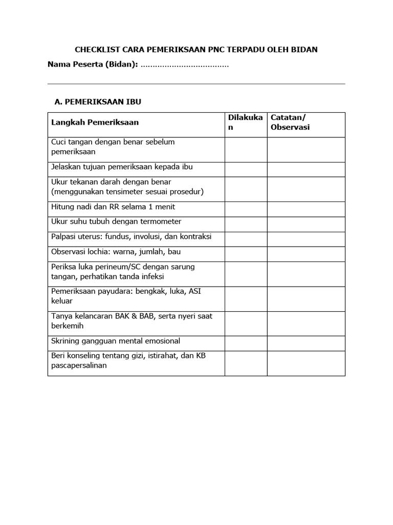 Checklist Pemeriksaan PNC oleh Bidan | PDF