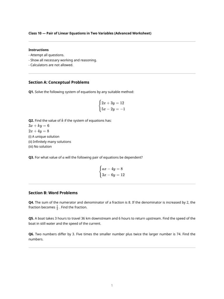 Advanced Linear Equations Worksheet | PDF