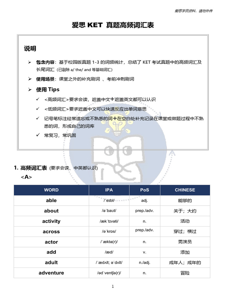 1. KET 核心与高频词汇表| PDF