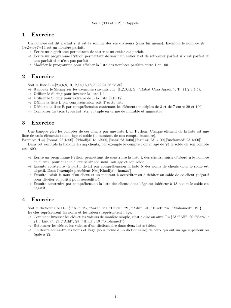 Exercices Python : Nombres parfaits et Listes | PDF | Arithmétique ...