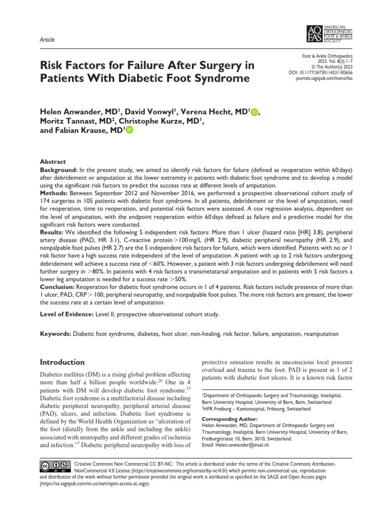 Risk Factors For Failure After Surgery in Patients With Diabetic Foot ...