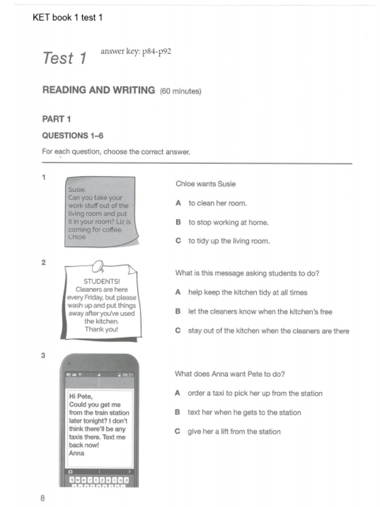 KET Book 1 Test Answer Key Guide | PDF