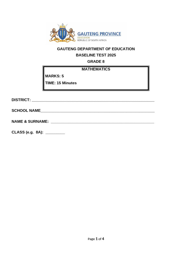 Grade 8 Mathematics Baseline Test 2025 | PDF | Multiple Choice | Shape