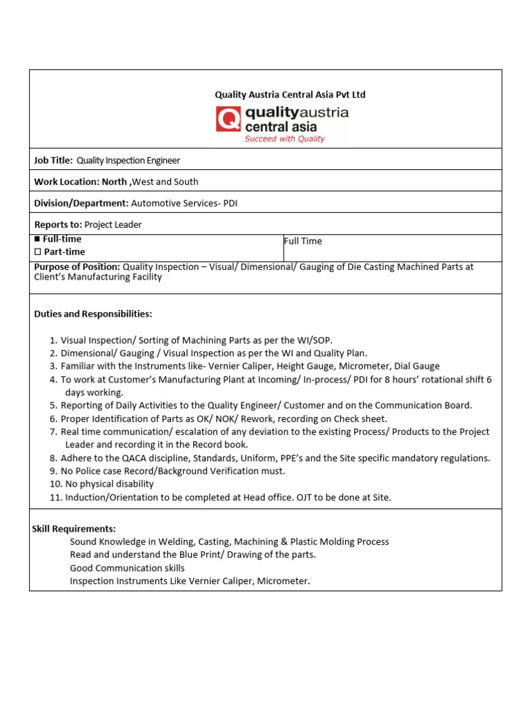 JD Quality Inspection Engineer Automotive | PDF