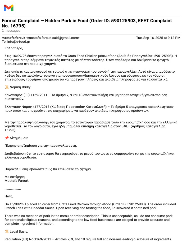 Gmail - Formal Complaint - Hidden Pork in Food (Order ID - 590125903 ...
