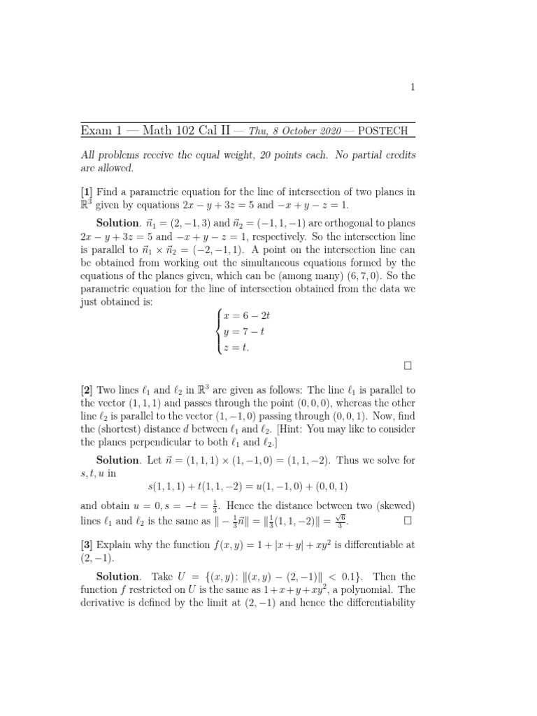 Math 102 Cal II Exam Solutions | PDF | Equations | Mathematics