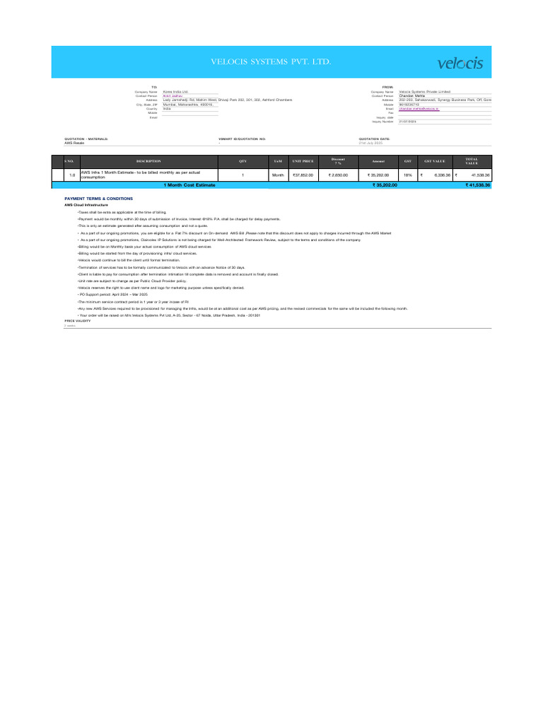 AWS Cloud Services Quotation Estimate | PDF | Payments | Taxes
