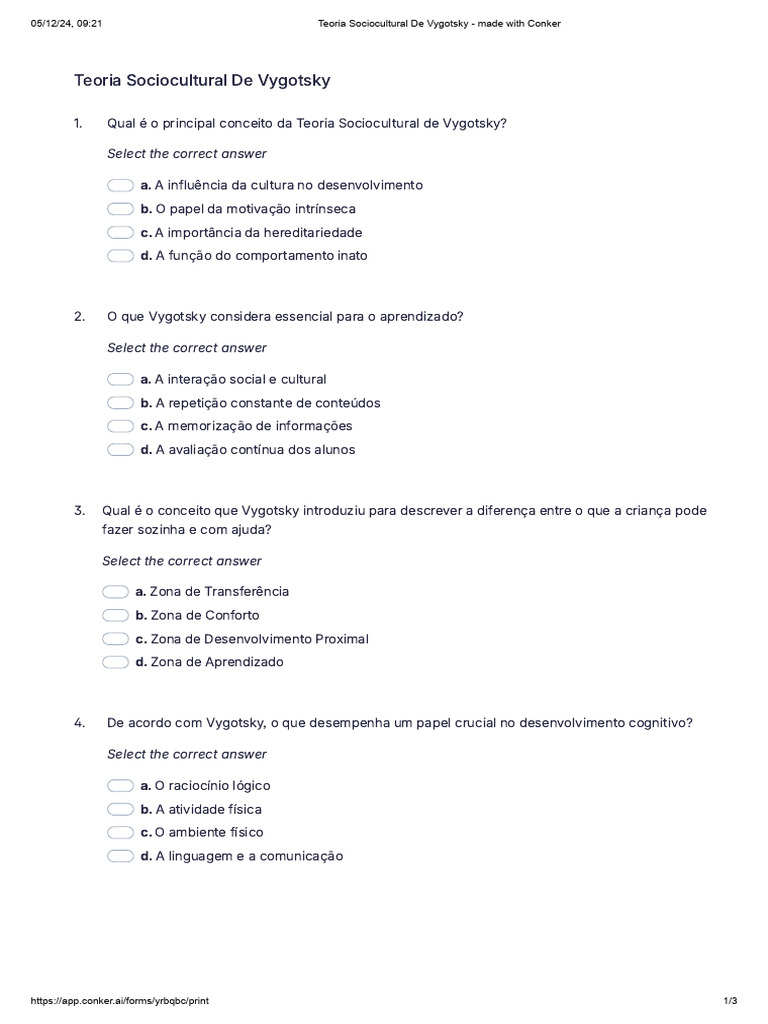 Teoria Sociocultural de Vygotsky | PDF | Aprendizado | Pensamento