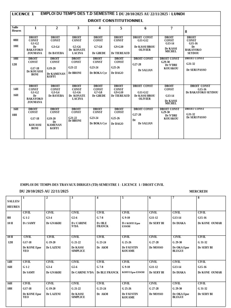 Emploi du Temps TD Licence 1 et 2 | PDF