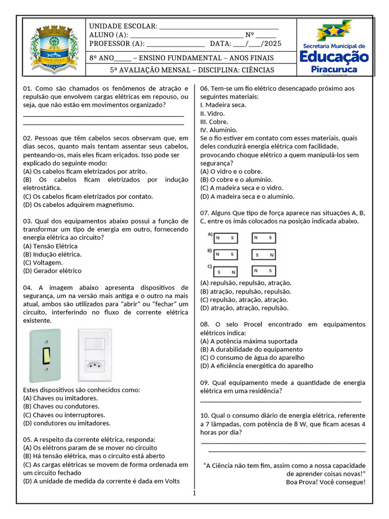 5 Avaliação 8 Ano Ciencias 2025 - COM GABARITO | PDF | Eletricidade ...