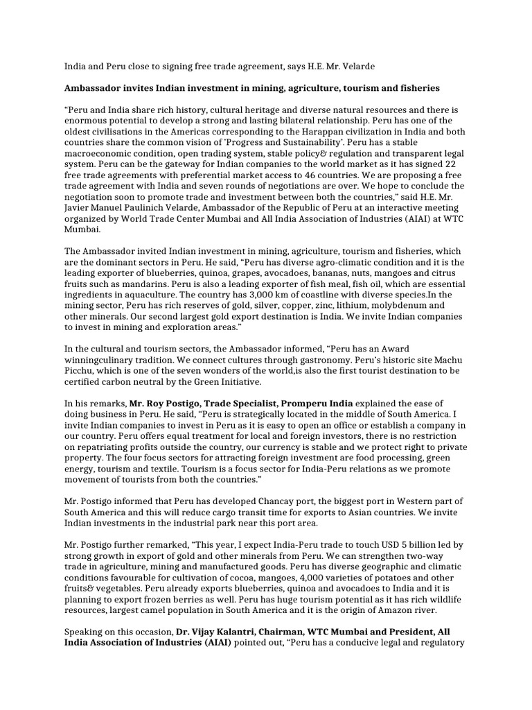 India and Peru Close To Signing Free Trade Agreement | PDF | Peru ...