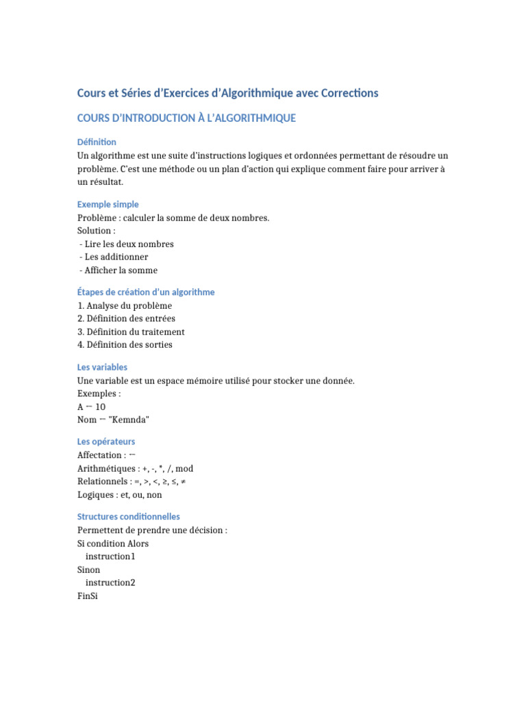 Cours d'Algorithmique et Exercices | PDF | Algorithmes | Mathématiques