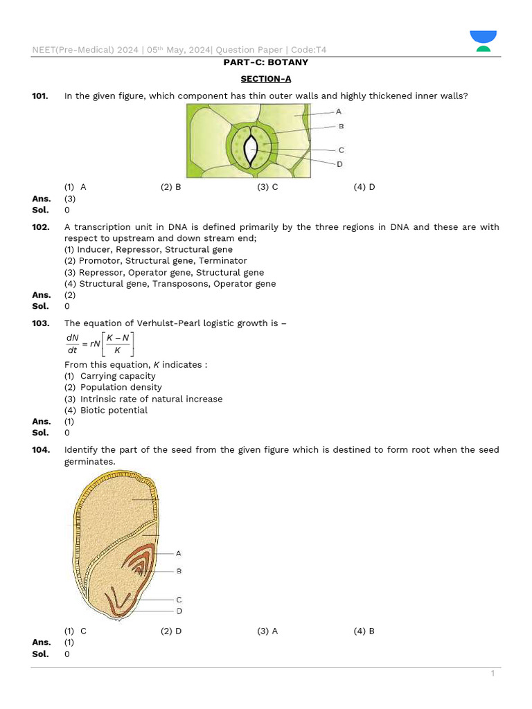 NEET 2024 Botany Question Paper T4 | PDF | Dominance (Genetics ...