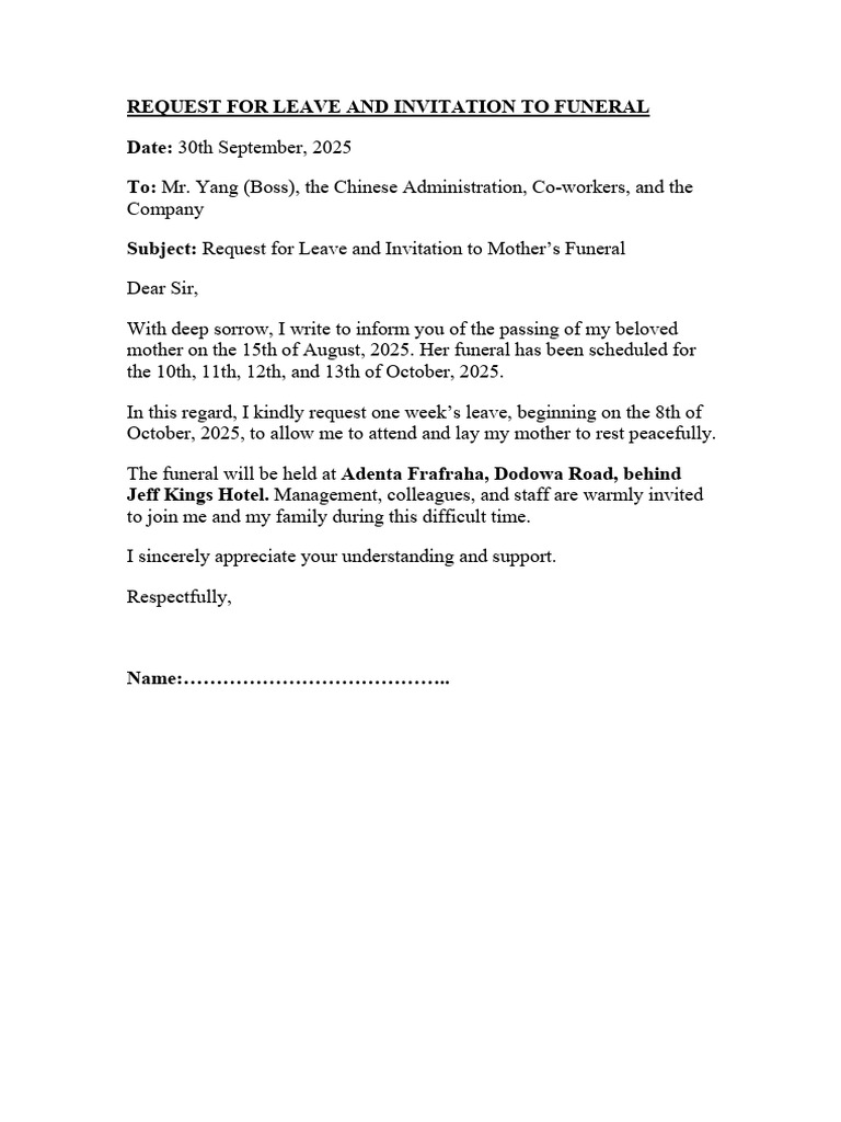 Leave Request for Mother's Funeral | PDF