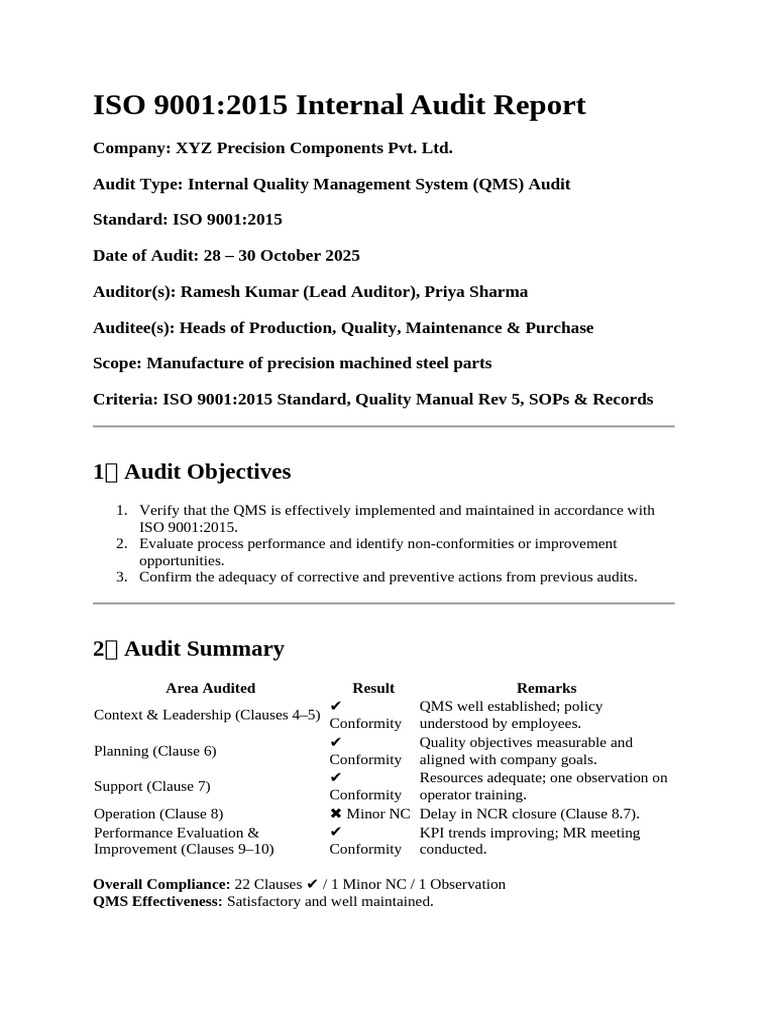 ISO 9001:2015 Internal Audit Summary | PDF | Quality Management System ...